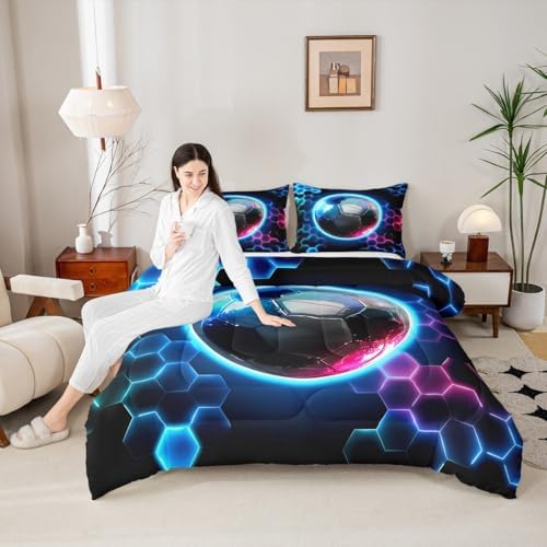 Erosebridal Boys Soccer Kids Bedding | Geometric Honeycomb Comforter Sets King,Colorful Neon Lights Comforter Hexagon Sports Gamer Duvet Insert with 2 Pillow Cases