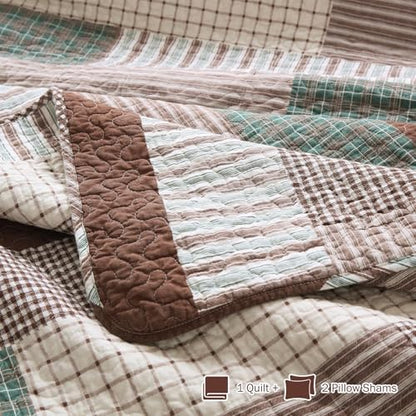 Y-PLWOMEN 100% Cotton Quilts Queen Size Farmhouse Striped 3-Pieces Bedding