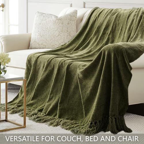 Chenille Throw Blanket for Couch 60" x 80" Twin, Olive Green