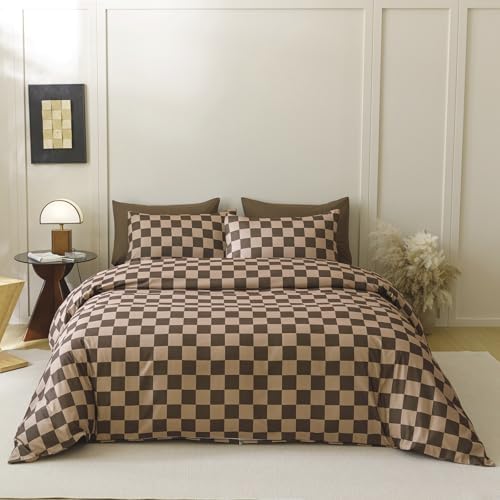 Wellboo Brown Plaid Comforter Sets California King Dark Brown and Cream Coffee Checkerboard Grid Bedding Comforters Cal King Women Men Taupe Checkered Geometric Quilts Soft Luxury Brown Abstract Bed