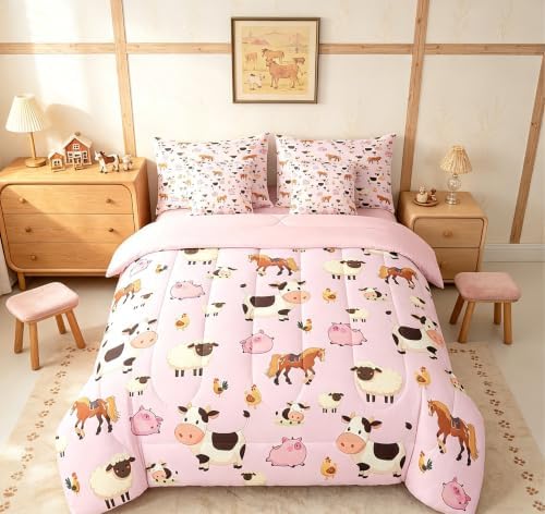 Feelyou King Size Farm Animal Comforter Set with Sheets Boys Girls Cartoon Animals 7 Piece Bedding Set for Kids Pink Bed in a Bag Funny Country Theme Bed Set