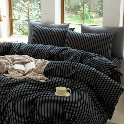 Striped Duvet Cover Set Queen Size 3 Piece 100% Washed Cotton Linen Feel Bedding Comfy Breathable Modern Farmhouse (Queen, Double Stripe-Black/White)