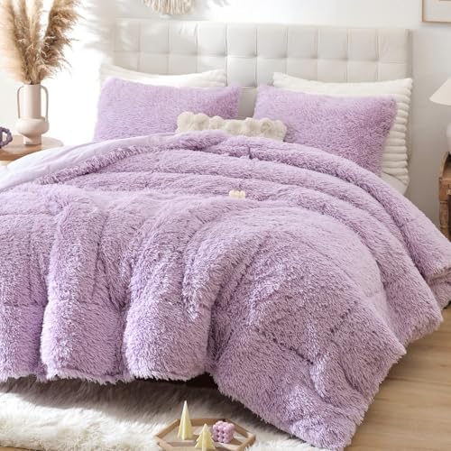 Smoofy Fluffy Queen Comforter Set, Purple Faux Fur Comforter Set 3 Pcs