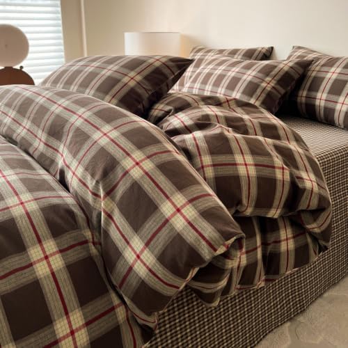 Mucalis Brown Buffalo Plaid Duvet Cover Queen Size 100% Washed Cotton Green Red Plaid Duvet Cover Vintage Checkered Duvet Cover Set Retro 3 Piece Grid Bedding Set with Zipper Closure 4 Corner Ties