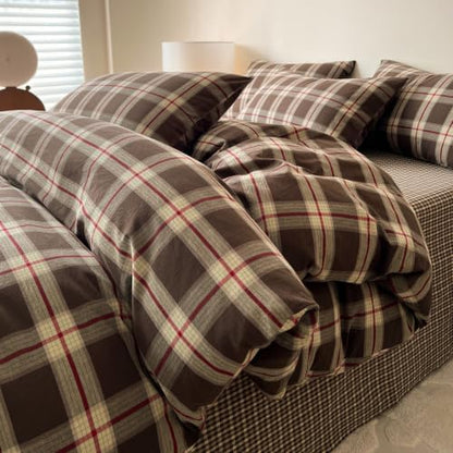Mucalis Brown Buffalo Plaid Duvet Cover Queen Size 100% Washed Cotton Green Red Plaid Duvet Cover Vintage Checkered Duvet Cover Set Retro 3 Piece Grid Bedding Set with Zipper Closure 4 Corner Ties