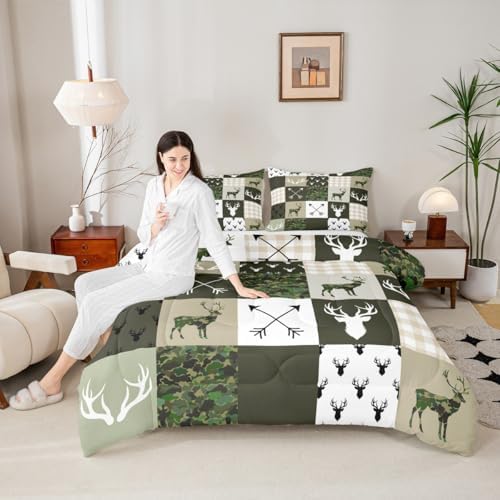 Antler Silhouette Kids Comforter Set Queen Size,Camo Green Rustic Bedding Set,Girls Boys Adults Bedroom/Xmas Decor,Geometric Plaid Patchwork Down Comforter,Arrows Boho Duvet Insert,3pcs,2 Pillowcases