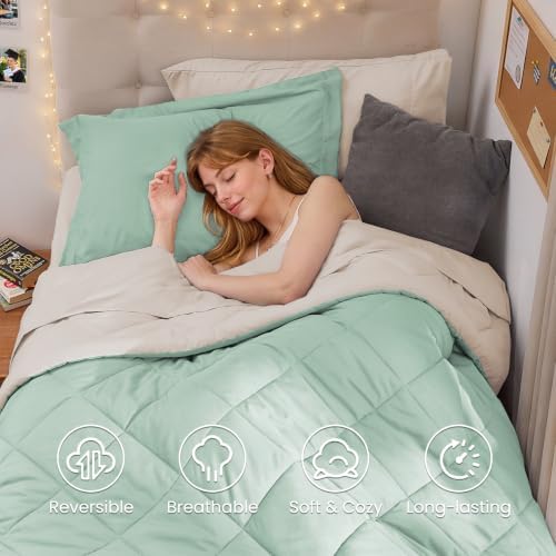 MUXHOMO 5 Pieces Twin XL Comforter Set, Reversible Bed in a Bag Twin XL Size, All Season Bedding Set with Comforter, Flat Sheet, Fitted Sheet, Pillowcases & Shams, Sage Green & Beige