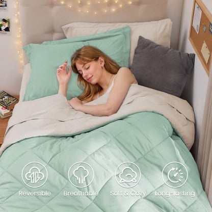 MUXHOMO 5 Pieces Twin XL Comforter Set, Reversible Bed in a Bag Twin XL Size, All Season Bedding Set with Comforter, Flat Sheet, Fitted Sheet, Pillowcases & Shams, Sage Green & Beige