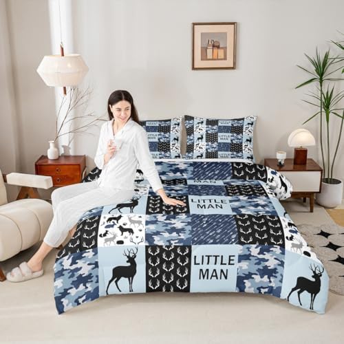 Manfei Camo Deer Antlers Comforter Set Twin,Geometric Checks Patchwork Bedding Set 2pcs for Kids Teens Boys Adults Room Decor,Boho Arrow Animals Quilt Set,Blue Xmas Duvet Insert with 1 Pillowcase