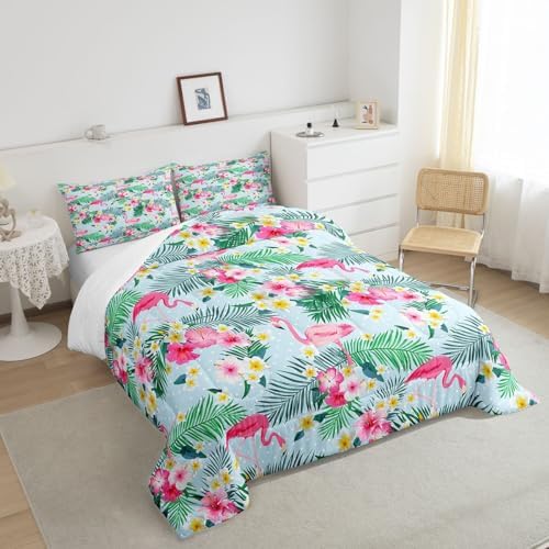 Manfei Pink Flamingo Kids Comforter Set Twin Size,Palm Leaves Flowers Rustic Bedding Set,Boys Girls Adults Room Decor,Tropical Plants Animals Dots Down Comforter,Blue Dreamy Duvet Insert,1 Pillowcase