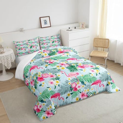 Manfei Pink Flamingo Kids Comforter Set Twin Size,Palm Leaves Flowers Rustic Bedding Set,Boys Girls Adults Room Decor,Tropical Plants Animals Dots Down Comforter,Blue Dreamy Duvet Insert,1 Pillowcase