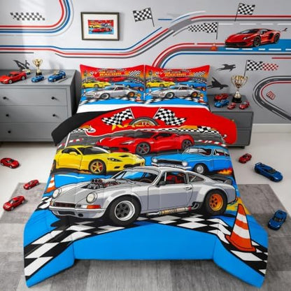Feelyou Boys Race Car Kids Comforter Set Full Size Speed Sports Car Bedding Set Racing Extreme Sports Duvet Quilt for Kids Boys Girls Bedroom Automobile Decor Microfiber Ultra Soft Breathable