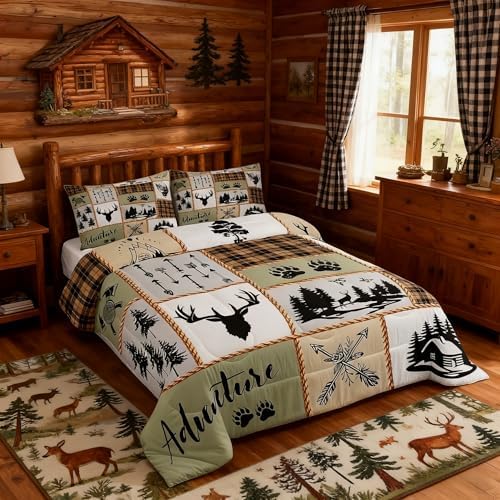 Camper Adventure Kids Comforter Set Twin Size,Deer Antlers Bear Paws Farmhouse Bedding Set for Boys Girls Adults Room Decor,Arrows Plaids Patchwork Down Comforter,Rustic Duvet Insert,1 Pillowcase