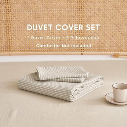 Wake In Cloud Striped Cotton Duvet Cover Set, Tan, Queen