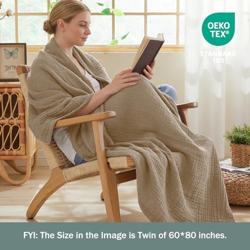 EMME Muslin Blankets for Adults Throw Blanket for Couch Breathable Gauze Soft Lightweight Airy Tan Super King