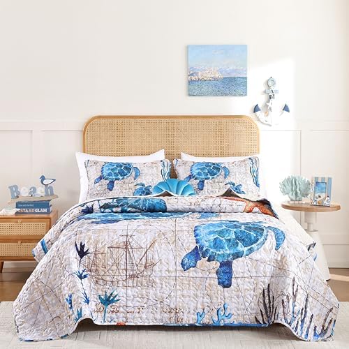 weigelia Coastal Quilt Queen Size, Nautical Lightweight Summer Bedding