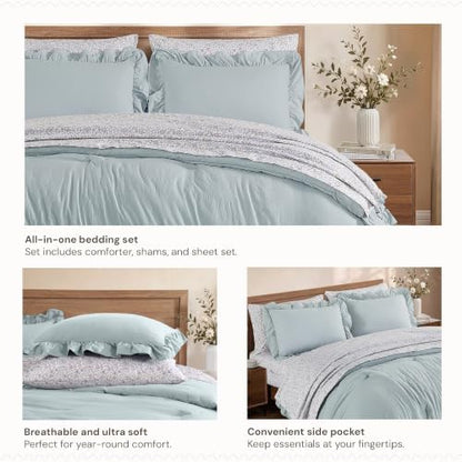 BLOOMHAVEN Full Size Comforter Sets-7 Pieces Ruffle Bedding Floral Sheet