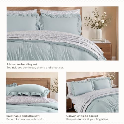 BLOOMHAVEN Queen Comforter Set-7 Pieces Ruffle Bedding with Floral Sheet