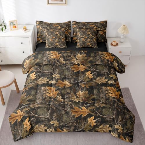Erosebridal Camo Bedding Set Full Hunting Camouflage Comforter Set 7 Piece Cabin Lodge Forest Vintage Bed in A Bag for Kids Boys Girls Nature Camo Tree Leaves Quilt with Flat Fitted Sheet