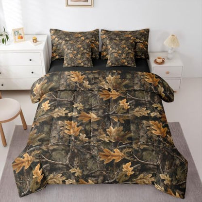 Erosebridal Camo Bedding Set King Hunting Camouflage Comforter Set 7 Piece Cabin Lodge Forest Vintage Bed in A Bag for Adults Nature Camo Tree Leaves Quilt with Flat Fitted Sheet