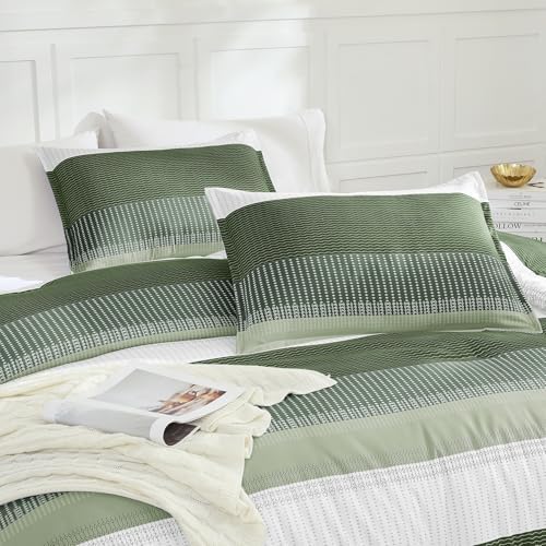 Litanika Olive Green King Size Comforter Set - 3 Pieces Stripe Bed Set