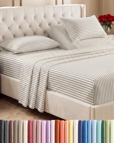 Flex Top Split Head King 4 Piece Sheet Set - Soft & Cooling - Beige Stripes
