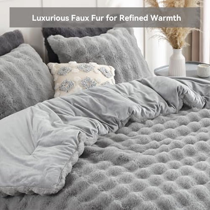 YIKUSH Twin Faux Fur Comforter Set, Fluffy Light Gray Rabbit Fur Comforter