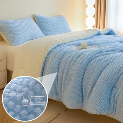LLanCL 3D Jacquard Design Comforter Set, Ultra-Soft Warm Queen Size Sherpa Fur Plush 3-Pieces Sets Luxury Cozy Bedding with 2 Pillowcases (90"x90", Light Blue)