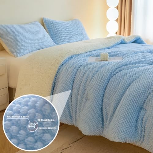 LLanCL 3D Jacquard Design Comforter Set, Ultra-Soft Warm King Size Sherpa Fur Plush 3-Pieces Sets Luxury Cozy Bedding with 2 Pillowcases (104"x90", Light Blue)