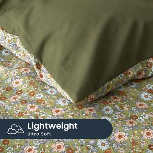 Wake In Cloud - Floral Comforter Set, Cute Vintage Flower Cottagecore Aesthetic for Women Teen Girls, Soft Lightweight Dorm Bedding, 3 Pieces, Olive Green, Twin/Twin XL Size
