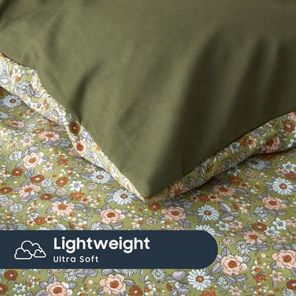 Wake In Cloud - Floral Comforter Set, Cute Vintage Flower Cottagecore Aesthetic for Women Teen Girls, Soft Lightweight Dorm Bedding, 3 Pieces, Olive Green, Twin/Twin XL Size