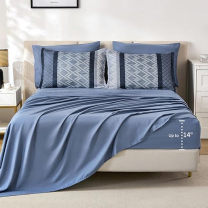 Cottolester Queen Comforter Set,Mineral Blue Boho Striped Bed in a Bag,