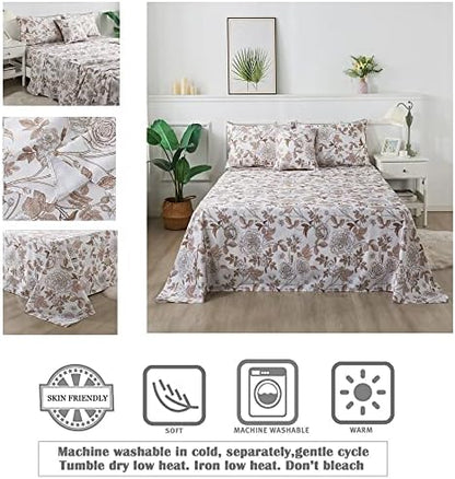 FADFAY Sheets Set Twin Vintage White and Brown Floral Bedding Elegant Peony Sheets Set Shabby Rose Farmhouse Bedding 100% Egyptian Cotton 800 Thread Count Deep Pocket Fitted Sheet 4Pcs, Twin Size