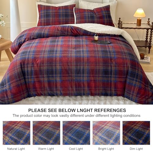 Cyusri Plaid Sherpa Comforter Set 2Pcs Fluffy Warm Fleece Down Alternative, Red Blue Grid Pattern Bedding Set with 1 Pillowcase, Twin Size 68"x90"