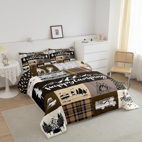 Castle Fairy Camper Patchwork Full Size Comforter Set,Happy Camping Cabin Hunting Adventure Bedding Comforters Bedroom Collection,Travel Trailers Decor Boho Aztec Exotic Bedding Set for Girls Teens