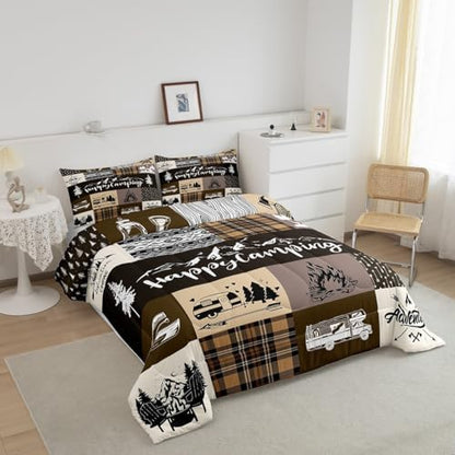 Castle Fairy Camper Patchwork Full Size Comforter Set,Happy Camping Cabin Hunting Adventure Bedding Comforters Bedroom Collection,Travel Trailers Decor Boho Aztec Exotic Bedding Set for Girls Teens