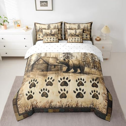 Erosebridal Brown Bear King Comforter Set 7 Piece Hunting Theme Bedding Set for Women Men Animals Western Country Cabin Bed in a Bag Farmhouse Forest Wildlife Quilt with Flat Fitted Sheet