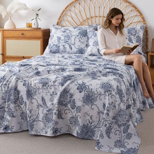 FADFAY Full Sheets Set Percale Cotton Floral Bed Sheets Deep Pocket Fitted Sheet, Luxury Blue Floral Pattern Classic European Style Bedding for All Season, Super Soft Crisp & Breathe,4Pcs