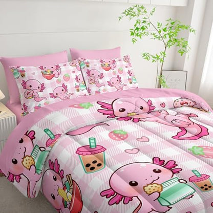 HOSIMA 7Pcs Cute Axolotl Comforter Set Queen Size for Girls with Sheets.