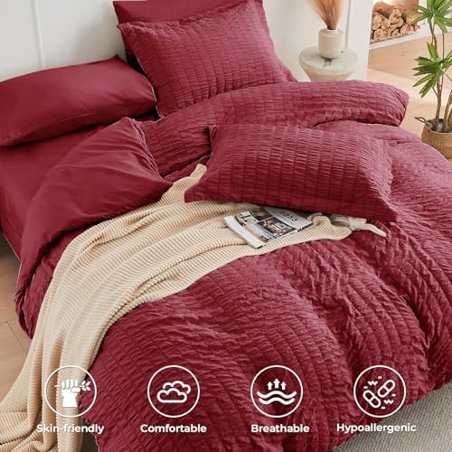 HYMOKEGE Burgundy King Size Comforter Set Seersucker 7 Pieces, All Season Luxury Bed in a Bag for Bedroom, Bedding Set with Comforters, Sheets, Pillowcases & Shams