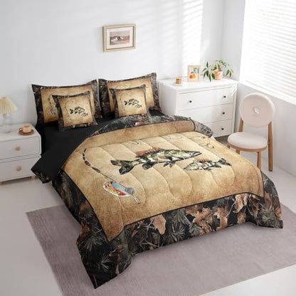 Erosebridal Rustic Bass Fish Twin Comforter Set with Sheets 7 Piece Country Camo Fishing Bedding Set Woodland Camouflage Lake Fish Bed in A Bag for Kids Boys Teen Men Retro Farmhouse Cabin Bed Set