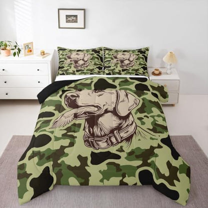 Feelyou Green Camo Decor Comforter Set Queen Size Hunting Dog Bedding Set for Kids Boys Girls Mallard Duck Duvet Quilt Military Style Bedroom Decor Microfiber 3 Pcs with 2 Pillow Cases