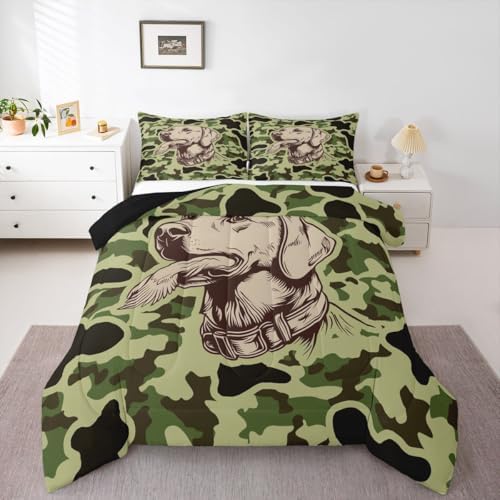 Feelyou Green Camo Decor Comforter Set King Size Hunting Dog Bedding Set for Kids Boys Girls Mallard Duck Duvet Quilt Military Style Bedroom Decor Microfiber 3 Pcs with 2 Pillow Cases