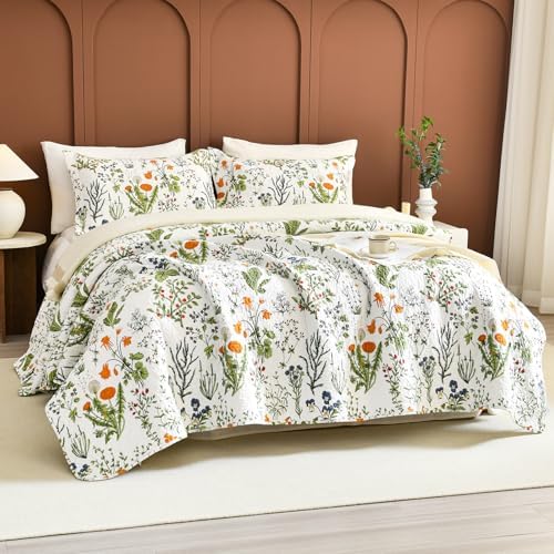 Lady Ann 100% Cotton Floral Quilt Sets Queen - Yellow Flowers & Leaves Pattern Plant Botanical Printed Quilted Bedding, 3 Pcs Lightweight Extra Soft Queen Bedspread Coverlet Set for All Season