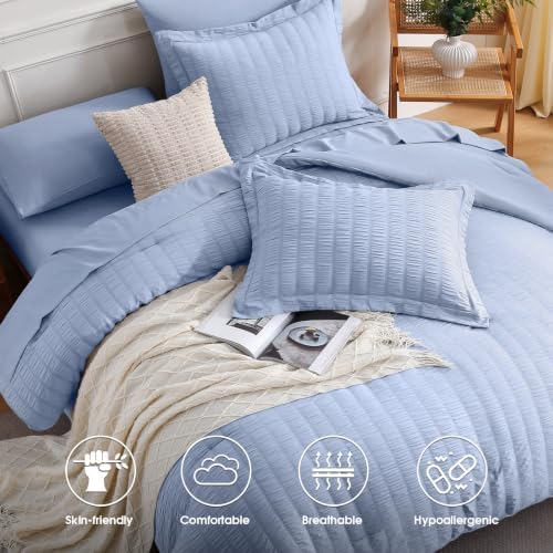 FreshCulture Twin Size Comforter Set Seersucker 5 Pieces, All Season Bedding Set Twin, Soft Bed in a Bag Comforter Set with Comforter, Flat Sheet, Fitted Sheet, Pillowcase and Pillow Sham, Baby Blue