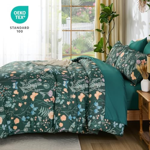 King Size Comforter Set 7 Piece, Forest Green Floral Bedding Set All Season