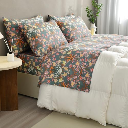 QSH Egyptian Cotton Floral Bed Sheets Queen Size,Luxury Silk Feel Paisley Botanical Pattern Printed Floral Sheets Sets Queen Extra Soft and Breathable 4pcs Deep Pockets Elegant Bedding Sheets