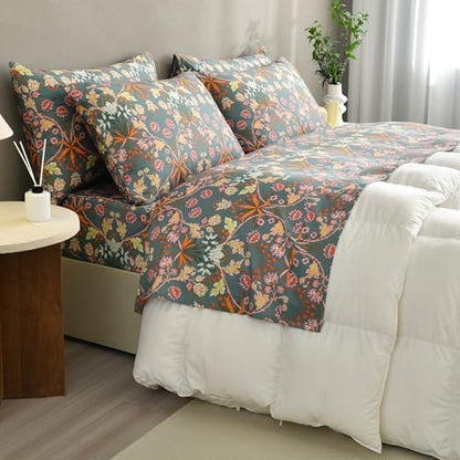 QSH Egyptian Cotton Floral Bed Sheets Queen Size,Luxury Silk Feel Paisley Botanical Pattern Printed Floral Sheets Sets Queen Extra Soft and Breathable 4pcs Deep Pockets Elegant Bedding Sheets