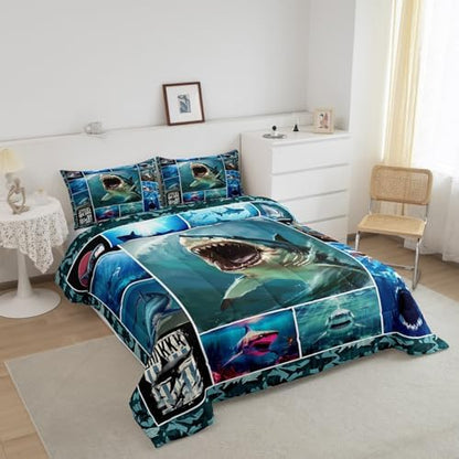 Homewish 3D Shark Full Size Comforter Set,Sea Animals Bedding Set for Adults Teens,Children Shark Geometric Comforter Luxury Grid Squares Quilt Set Room Decor 3Pcs