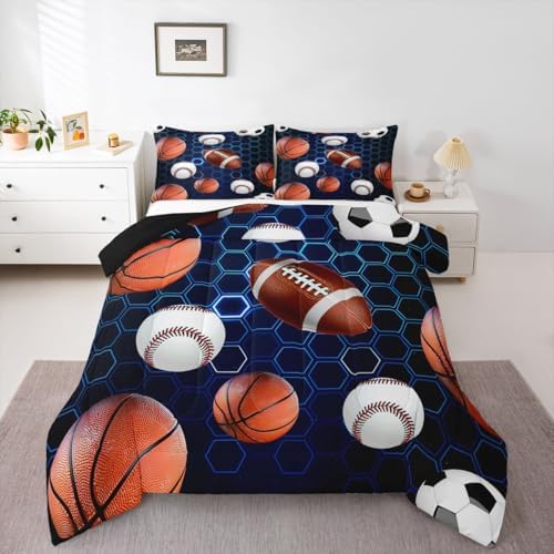 Erosebridal Boys Soccer Bedding King Size, Basketball Football Comforter Set for Kids Girls Teenage Men, Rugby Baseball Quilt Blue Hexagon Honeycomb Bedding Comforter Sets Football Gifts for Boys